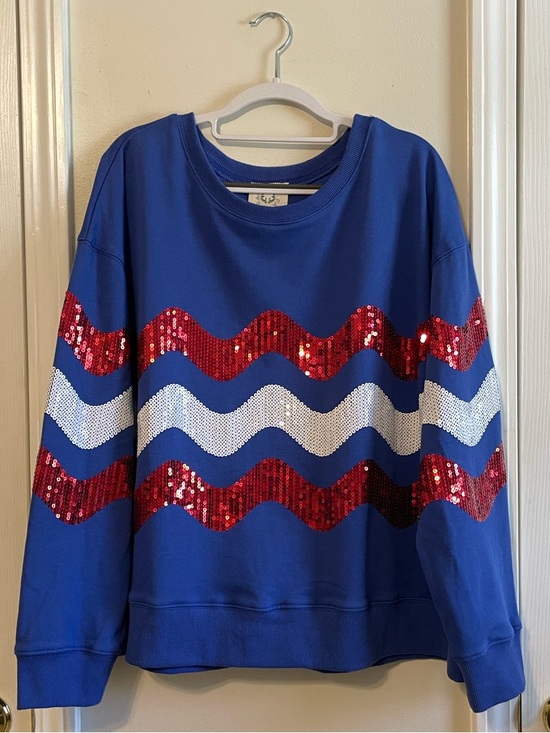 Fantastic Fawn Sweaters - Fantastic Fawn Blue Sweatshirt w/Red and White Sequin Waves, Size L